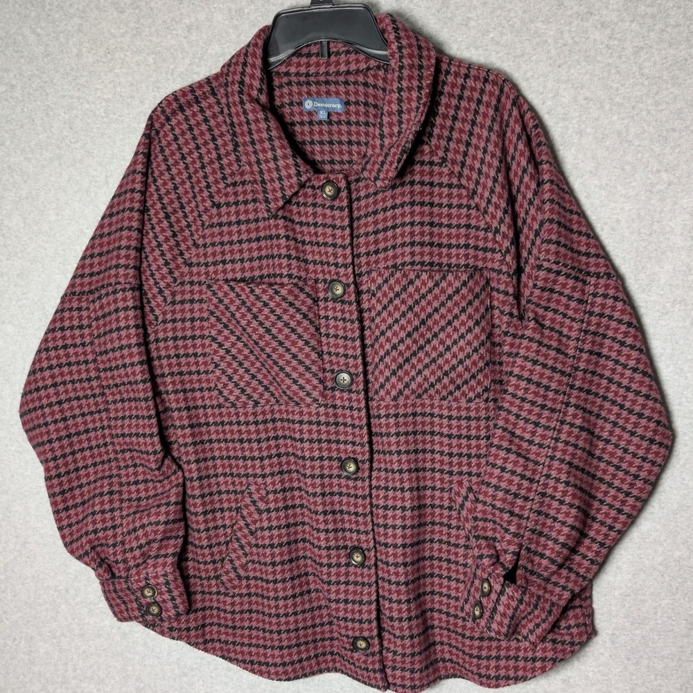 Democracy Shacket Womens XL Burgundy Pink Houndstooth Button Front Outdoors